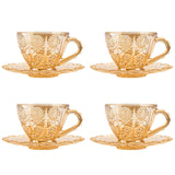 1 x RAW Customer Returns Linkidea Glass Tea Cups Set of 4 with Saucers, 6oz Vintage Coffee Cup Glassware Set with Floral Embossed and Saucers for Adults Tea Party Family Friends Amber  - RRP €45.25