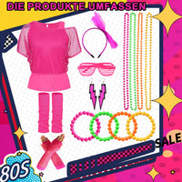 1 x RAW Customer Returns Ulikey 80s 90s outfit women, 80s clothing women s set, mesh shirt, tank top, necklace, bracelet, earrings, glasses, headband, 90s neon party outfit theme party accessories pink, L  - RRP €28.22