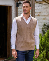 1 x RAW Customer Returns Kallspin Men s Knitted Vest Cardigan Sleeveless Cable Knit V-Neck Wool Blend Coffee, 2XL  - RRP €34.99