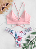 1 x RAW Customer Returns ZAFUL Women s Two Piece Bikini Set with Adjustable Push Up Back Bra, Floral Pattern Triangle Swimsuit - RRP €35.99