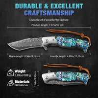 1 x RAW Customer Returns DRAGON VEIN Large and heavy Damascus pocket knife Damascus steel Abalone shell handle with genuine leather sheath Damascus knife folding knife one-hand knife gift for men, blue - RRP €69.99