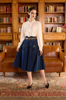 1 x RAW Customer Returns Belle Poque Women s Vintage High Waist Skirts Flared Midi Skirts with Belts Denim Dark Blue  - RRP €21.6