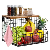 2 x RAW Customer Returns TIOYOTY Hanging fruit basket, kitchen organiser, fruit bowl, hanging basket, kitchen, wall fruit basket with wooden lid, fruit and vegetable basket for the counter- RRP €44.36