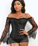 1 x RAW Customer Returns SZIVYSH Women s Overbust Lace Up Back Corset with Shoulder Sleeve Black, L  - RRP €28.99