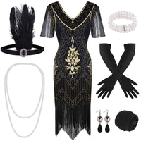 1 x RAW Customer Returns FEPITO 1920s V-Neck Sequin Beaded Fringe Dress with 20s Accessories Set Medium, Black Gold  - RRP €37.89