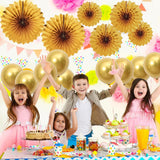 9 x Brand New VIKY Party Decoration Birthday Gold, 6 Paper Fans Decoration and 10 Balloons Gold, Tissue Paper Pompoms Decoration, Hanging Paper Fans Paper Flowers for Golden Wedding Decoration, Birthday Decoration, Wedding Decoration - RRP €183.6