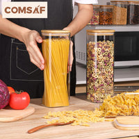 1 x RAW Customer Returns ComSaf Glass Spaghetti Pasta Storage Jars with Lids, 2.1L, 3 Pack, Tall Clear Airtight Storage Container with Bamboo Lid for Pasta, Flour, Cereal, Sugar, Beans - RRP €39.42