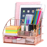 1 x RAW Customer Returns POPRUN Children s Pen Holder Desk Organizer Table Organizer with Pen Trays and Drawer Made of Metal Mesh for Office and School Rose Gold - RRP €20.16