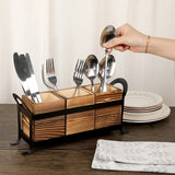 1 x RAW Customer Returns SUMNACON 3-piece cutlery tray wood metal cutlery basket cutlery holder utensil holder wooden cutlery metal rack spoon holder pottery organizer worktop kitchen table cupboard kitchen brown - RRP €22.18