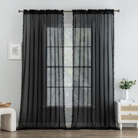 1 x Brand New MIULEE curtains with pompoms - pretty black transparent curtains for children s rooms girls, 2 pieces curtain with pompoms with rod pull-through, transparent curtain with pompoms, each H 245 x W 140cm - RRP €31.75