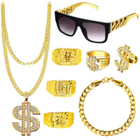 1 x RAW Customer Returns Goenb Pack of 8 Pimp Costume, 80s 90s Outfit Men s Hip Hop Costume Gold Chain Men s Gangster Gang Sunglasses Golden Dollar Chain Ring Hanzi Rings for Carnival Theme Party - RRP €16.99