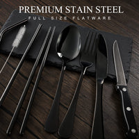 1 x RAW Customer Returns Odoland Cutlery Set 9 Pieces Stainless Steel Camping Cutlery with Steak Knives Knife Fork Spoon Portable Outdoor Travel Cutlery with 2 Straws Cleaning Brush Case Idea Gift for Travel Camping Black - RRP €16.72