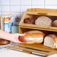 1 x RAW Customer Returns GREELUE Bamboo Bread Box with Ventilation, Large Bread Box, 2 Levels and Viewing Window, Wooden Bread Container for Croissants, Rolls, Bread Storage Kitchen Bamboo  - RRP €47.99