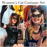 2 x RAW Customer Returns Apricitie Pack of 4 women s cat costume, Venetian mask, women s lace cat ears, headband, necklaces, black gloves for masquerade party and cosplay for carnival masquerade cosplay - RRP €12.08