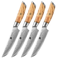 1 x RAW Customer Returns XINZUO Damascus steel 4-piece steak knife set, 13.1 cm cutlery knife, for 4 people, Damascus powder steel high-quality table knife sharp kitchen knife - olive wood handle - with beautiful gift box - RRP €219.97