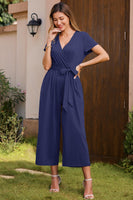 1 x RAW Customer Returns OUGES Jumpsuit Women Summer Elegant Overall Long Playsuit Short Sleeve Casual Trouser Suit with Pockets Navy, XL  - RRP €39.31