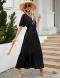 1 x RAW Customer Returns KOJOOIN women s summer dress lace short sleeve maxi dresses boho beach dress long ruffle flounce dress V-neck casual dress with buttons party dress REUSEABLE packaging , A-black, M - RRP €37.2