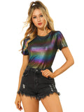 1 x RAW Customer Returns Allegra K Women s Sexy Metallic Top Blouse Party Festival Glitter Top Short Sleeve Crew Neck T-Shirt Multicolored XL - RRP €32.89