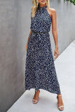 1 x RAW Customer Returns Awemeal Summer Dress Women Long Floral Pattern Boho Dress Sleeveless Halterneck Beach Dress Ruffle Maxi Dress with Belt L, 270 Dark Blue  - RRP €45.99