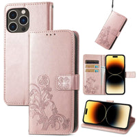 1 x RAW Customer Returns RankOne Leather Case for Smartphone, Compatible with iPhone 15 Pro 6.1 Inches , Wallet Case with 3 Card Slots 1 Coin Pocket Four-Leaf Clover Pattern - Rose Gold - RRP €21.6