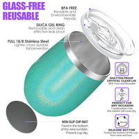 1 x RAW Customer Returns THILY Vacuum Insulated Stemless Wine Glass - Stainless Steel 12oz Cute Travel Mug with Leakproof Lid and Straw, Keeps Drinks Cold or Hot, Glitter Teal - RRP €18.04