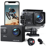 1 x RAW Customer Returns WOLFANG Action Cam, WiFi 4K 60 FPS New GA300 action camera, 8x zoom 24MP, underwater camera 40 meters mi, dual microphones, 170 wide angle improved, EIS 2.4 G remote control, 2 x 1350 mAh batteries, touch screen - RRP €99.99