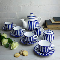 1 x Brand New City to Cottage - Ceramic tea set for 4 Blue and white striped Handmade Ceramic teapot 1.7 liters, milk jug, sugar bowl, 4 teacups with saucers - RRP €175.95