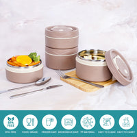 1 x RAW Customer Returns BELLE VOUS 5-Piece Portable Insulated Lunch Box Set with Cutlery - 4 Stainless Steel Thermal Food Containers - Stackable and Leakproof - Thermal Lunch Box for Adults - Brown - RRP €32.99