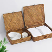 2 x Brand New FIAFPEG Set of 2 Flat Woven Wicker Baskets with Lids, Natural Seagrass Basket Boxes, Multipurpose Organizer, Boxes for Shelf Organizer - RRP €54.44