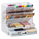 1 x RAW Customer Returns Marbrasse Mesh Desk Organizer, Multifunctional Pen Holder Desk Storage Rack for School Home Office Art Supplies Mesh pen holder white with drawer  - RRP €29.23