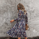 1 x RAW Customer Returns ZIYYOOHY Women s Long Dress Chiffon Ruffles with Deep V-Neck Floral Print Summer Dress Cocktail Dress Party Dress Maxi Dress Beach Dress Blouse Dress Long Sleeve 3055-Navy Blue, XL  - RRP €30.24