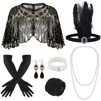 1 x RAW Customer Returns ELECLAND 10 Piece 1920s Flapper Great Gatsby Accessories Set Fashion Roaring 20 s Theme with Headband, Headwear, Long Black Gloves, Necklace, Earrings for Women Black Gold  - RRP €20.54