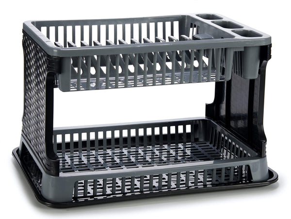 1 x RAW Customer Returns TIENDA EURASIA Plastic dish drainer, 2 levels, with tray, rattan texture, large capacity and resistance, 30.3 x 8.5 x 44.5 cm, grey - RRP €21.85