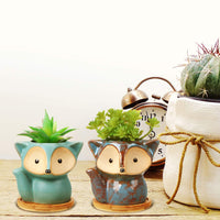 1 x RAW Customer Returns 4 Cute Cartoon Ceramic Flower Pots with Drain Hole and Bamboo Tray Ceramic Succulent Pots for Home Office Desk Decoration Diameter 1.8 Inch Fox Style  - RRP €22.99