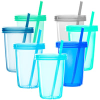 1 x RAW Customer Returns Youngever 7 Pack Kids Cups with Straw, 7 Reusable Plastic Toddler Cups with Lids and Straws Coastal  - RRP €24.29