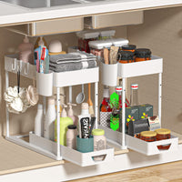 1 x RAW Customer Returns SKYSER 2-Tier Under Sink Shelf Drawer Organizer Liftable Sink Shelf, with 4 Hooks, 8 Non-Slip Pads 1 Hanging Cup Sink Cabinet Shelf Kitchen Organizer 2 Pack, White  - RRP €39.34