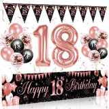 26 x Brand New 18th Birthday Decoration Girl, Happy Birthday Banner Garland Pennant, 18th Birthday Decoration Banner Background and Black Rose Gold Confetti Balloons for Decorations 18th Birthday Decoration Girl - RRP €288.34