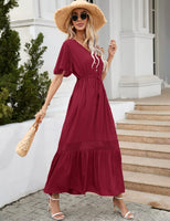 1 x RAW Customer Returns KOJOOIN women s summer dress lace short sleeve maxi dresses boho beach dress long ruffle flounce dress V-neck casual dress with buttons party dress REUSEABLE packaging , A-wine red, XXL - RRP €36.29