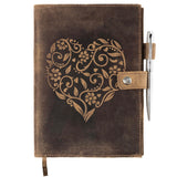 1 x RAW Customer Returns Handmade Genuine Leather Diary Holder, Refillable with Lined Notebook - Personal Diary with Embossed Heart - With A5 Lined Paper and Elegant Pen and Pen Holder Included - RRP €29.95