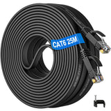 1 x RAW Customer Returns LAN cable 25 meters Cat 6, network cable 25m flat Ethernet cable outdoor indoor internet cable high-speed ribbon cable - Gigabit WiFi cable 25m RJ45 patch cable black for router modem - RRP €19.2