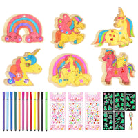 7 x Brand New CHMMY 56 pieces unicorn wooden craft set with watercolor pen and rhinestone stickers for birthday decoration party weddings baby showers wreath decorations DIY decoration - RRP €99.26