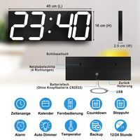 1 x RAW Customer Returns CHKOSDA LED Clock Digital Clock Large Wall Clock with 18 Inch LED Display, Countdown Clock with 8 Adjustable Brightness, Set 16 Alarms, 12 24 Hour Display, Temperature and Calendar Display White  - RRP €93.98