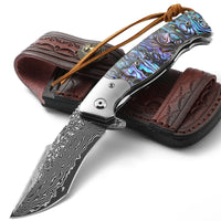 1 x RAW Customer Returns DRAGON VEIN Large and heavy Damascus pocket knife Damascus steel Abalone shell handle with genuine leather sheath Damascus knife folding knife one-hand knife gift for men, blue - RRP €69.99