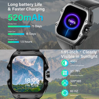 1 x RAW Customer Returns ROGBID MILLE Smartwatch Men with Phone Function, 1.91 Fitness Watch with 24 7 Heart Rate Monitor, 75 Days Battery 123 Sports Modes 5ATM Waterproof Outdoor Military Sports Watch for Android iOS, Black - RRP €49.99