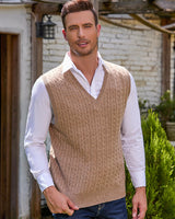 1 x RAW Customer Returns Kallspin Men s Knitted Vest Cardigan Sleeveless Cable Knit V-Neck Wool Blend Coffee, 2XL  - RRP €34.99