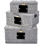 1 x RAW Customer Returns OUTBROS Woven Storage Basket Shelf Baskets with Lid, Set of 3 Rattan Baskets Made of Paper Rope, Storage Boxes for Storing and Organizing Bathroom Room Towels Makeup, Gray - RRP €40.33