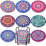 1 x RAW Customer Returns Newk Coasters for Drinks, Set of 8 Absorbent Ceramic Coasters with Metal Holder, Mandala Coasters for Coffee Table, Great Housewarming Gifts - RRP €18.68