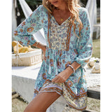 1 x RAW Customer Returns Bellezasourire Women s Tunic Dress 3 4 Sleeve V Neck Button Placket Fringe Floral Print Boho Dress Women L, Blue  - RRP €27.22