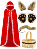 1 x RAW Customer Returns Hestya 5 Piece Halloween Couple Costume Wolf Costume with Wolf Tail Clip Ears Gloves Set Red Hooded Cape with Picnic Basket Stylish Style, Long  - RRP €37.99