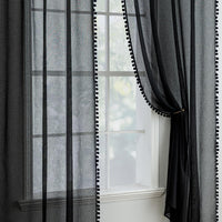 1 x Brand New MIULEE curtains with pompoms - pretty black transparent curtains for children s rooms girls, 2 pieces curtain with pompoms with rod pull-through, transparent curtain with pompoms, each H 260 x W 140cm - RRP €33.01